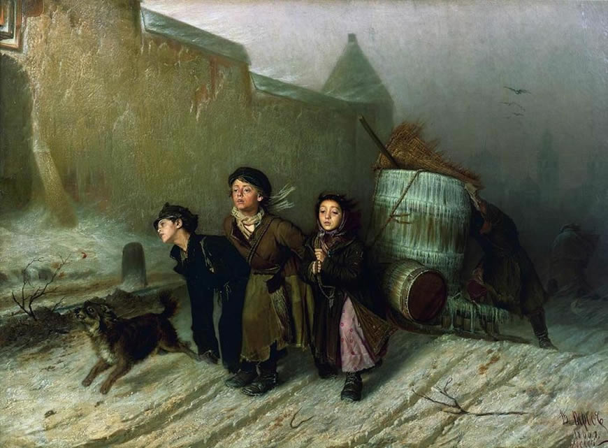 Тройка. Ученики-мастеровые везут воду (Troyka. Three apprentices are taking water), 1866