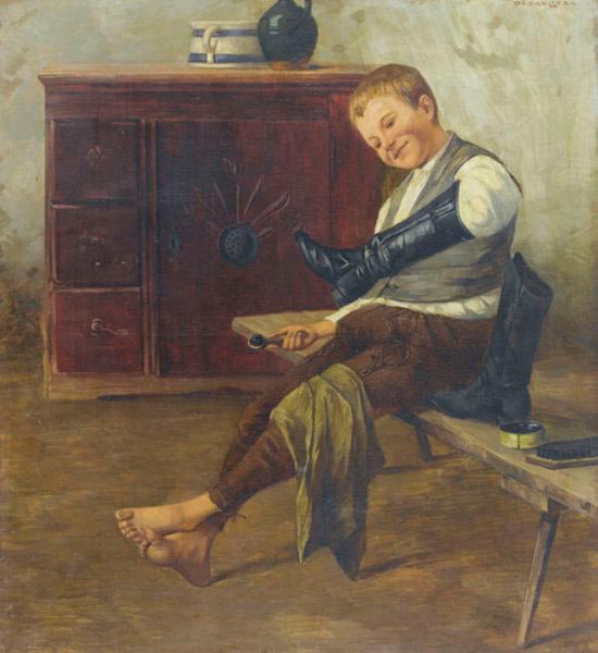 Interior with boy cleaning shoes (Интерьер с мальчиком, чистящим обувь)