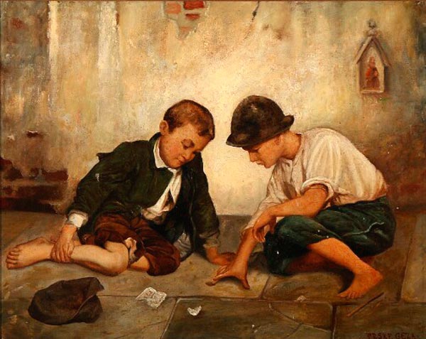 Street scene from Hungary with two boys playing a game (Уличная сценка в Венгрии с двумя играющими мальчиками)