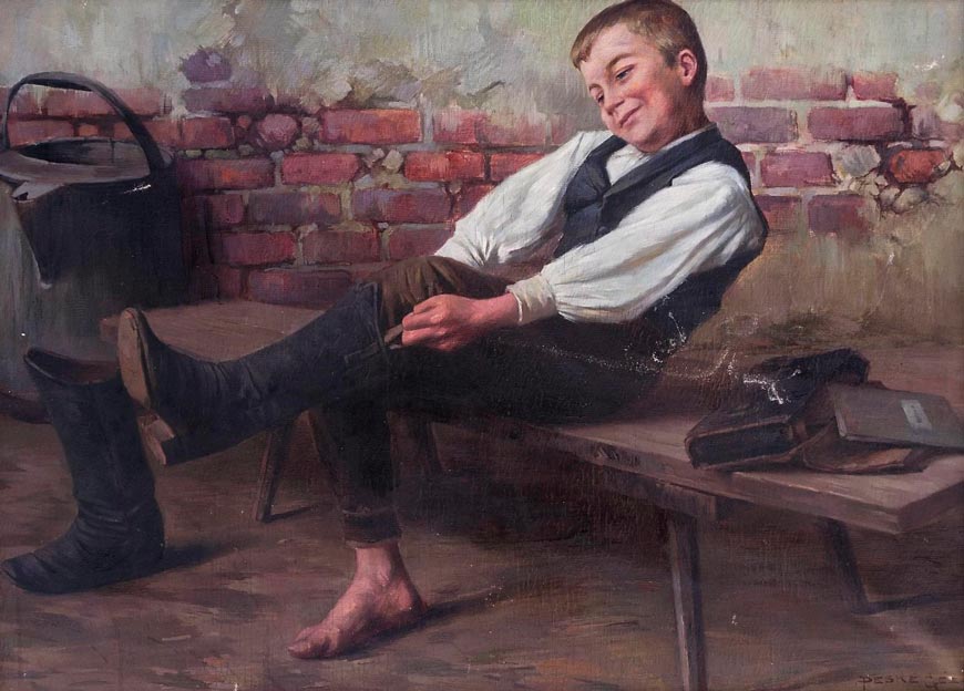 Boy putting on his boots (Мальчик, надевающий сапоги)