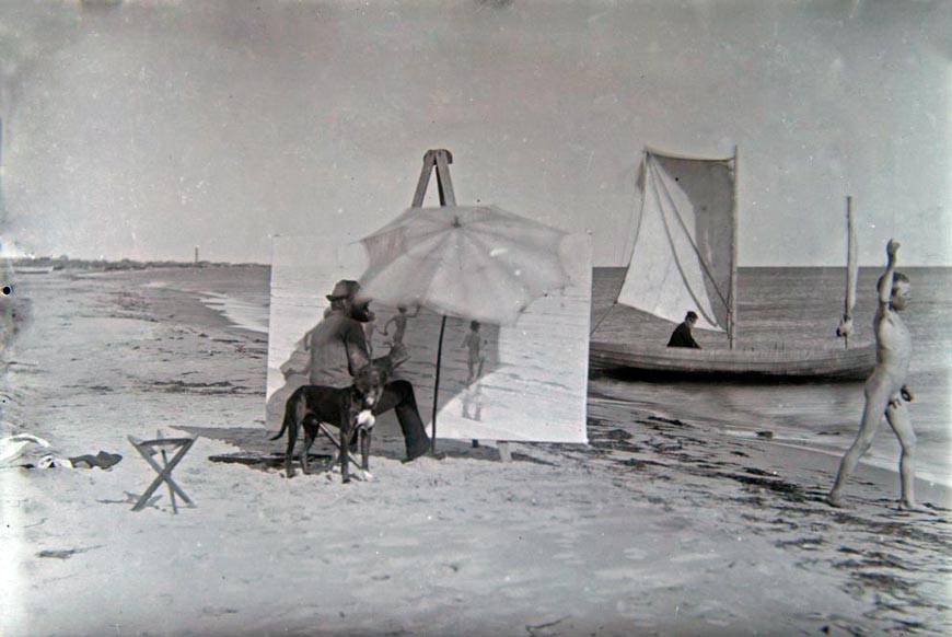 Peder Severin Krøyer i gang med at male Badende drenge på stranden i Skagen (Педер Северин Кройер рисует купающихся мальчиков на пляже Скагена), 1890s