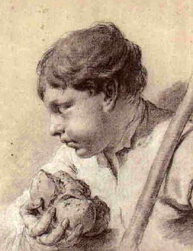 A young boy holding a loaf and a staff, looking to the left (Мальчик, держащий буханку и посох, смотрящий влево)