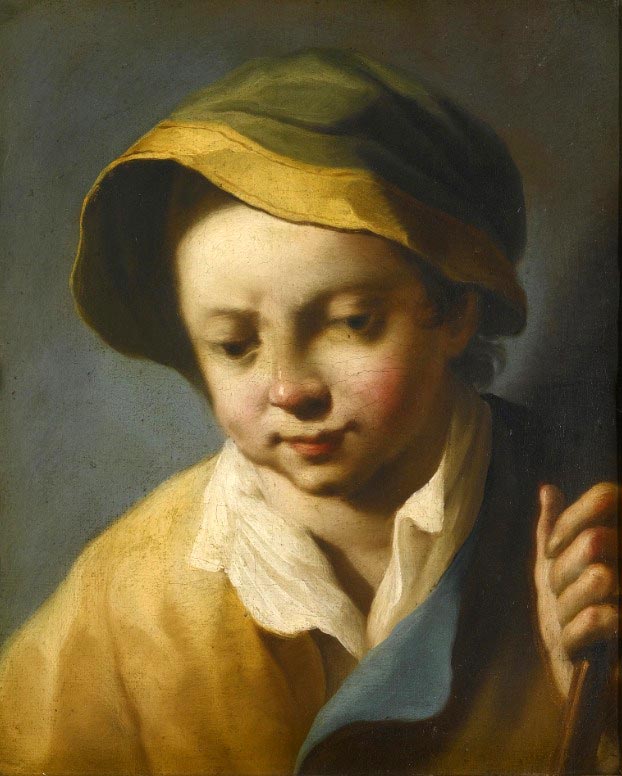 Head of a boy looking down wearing a green and yellow hat and holding a wooden staff (Голова мальчика, смотрящего вниз, в зелено-желтой шляпе и c деревянным посохом)