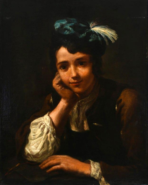 Portrait of a young man wearing a blue feathered cap, seated at a table (Портрет молодого человека в синей шляпе с перьями, сидящего за столом)