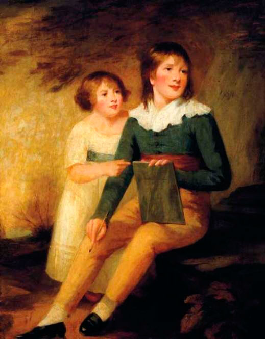 Portrait of a boy and a girl, full-length, the boy with a sketch pad and pen (Портрет мальчика и девочки, в полный рост, мальчик с блокнотом и карандашом)