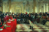 Alexander Sergeyevich Pushkin recites his poem before Gavrila Derzhavin during the Tsarskoye Selo Lyceum exam on January 8th, 1815