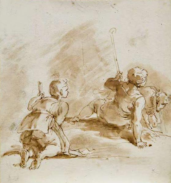 Two youths sitting on the ground with a stick and a kid (Двое юношей, сидящих на земле с посохами и ягненком), 1706-1725