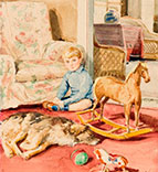 Portrait of a son with a dog and toys