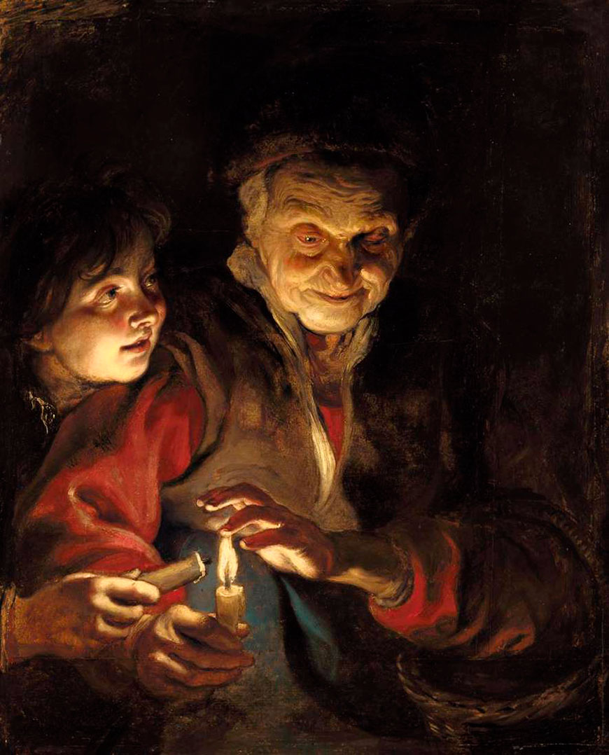 A boy lighting a candle from one held by an old woman (Мальчик, зажигающий свечу, которую держит старая женщина), c.1616-1617