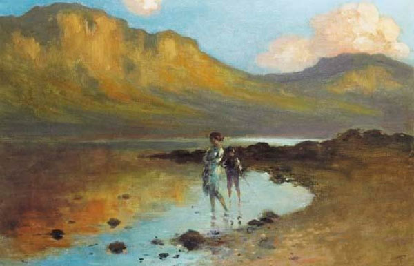 Woman and boy by lough shore (Женщина и мальчик на берегу залива моря)