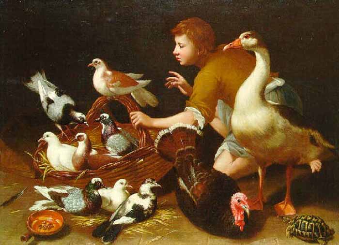 A goose, a hen, pigeons and doves in a basket, with a peasant boy (Гусь, курица и голуби в корзине, с крестьянским мальчиком)