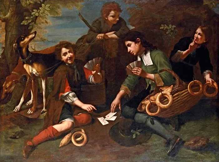 Boys playing cards in a forest clearing (Мальчики, играющие в карты на лесной поляне)