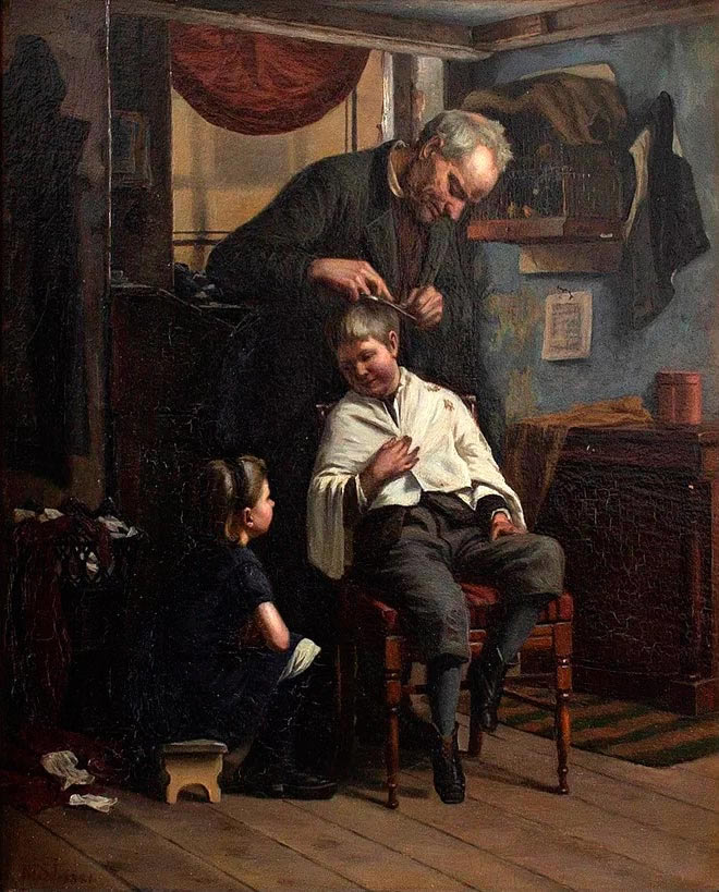 Interiør from a barber shop with a boy having his hair cut (Интерьер парикмахерской с мальчиком, которого стригут), 1881