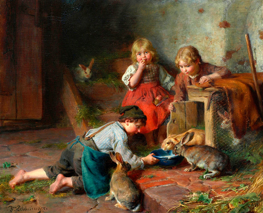 Children feeding rabbits (Дети, кормящие кроликов)