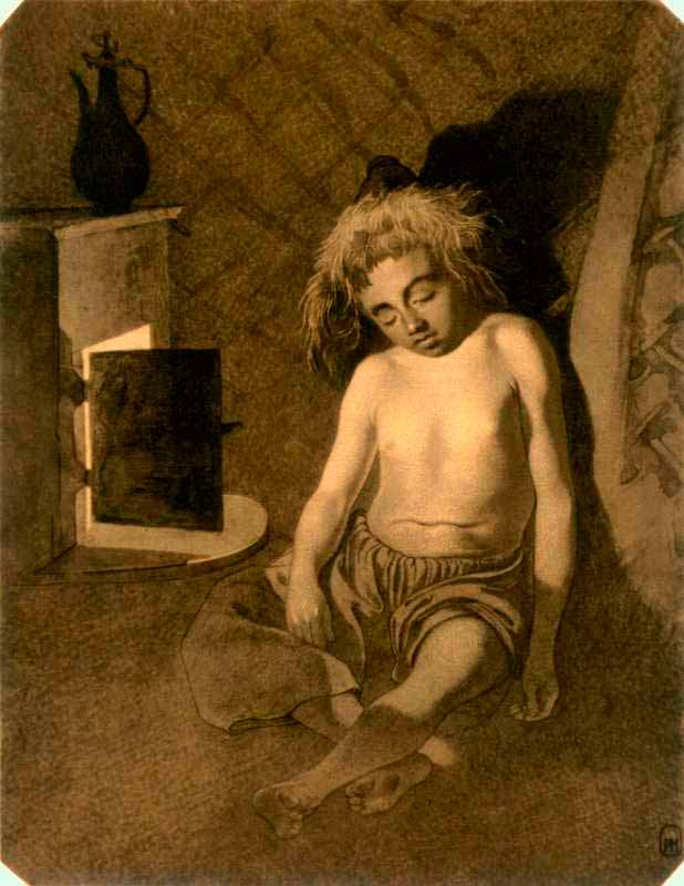 Казахский мальчик дремлет у печки (Kazakh boy dozing at the stove), 1848-1849