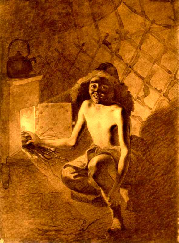 Казахский мальчик разжигает печку (Kazakh boy kindles the stove), 1848-1849