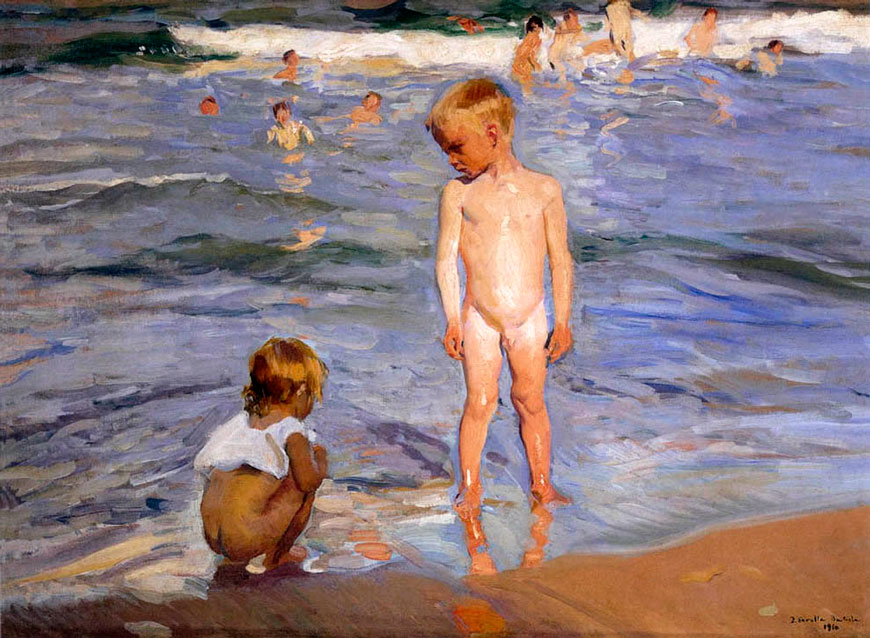 Badende Kinder in der Abendsonne am Strand von Valencia (Купающиеся дети в вечернем солнце на пляже Валенсии), 1910