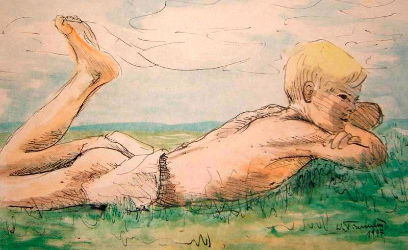 Nackter blonder Junge liegend im Gras (Нагой мальчик-блондин, лежащий на траве), 1947