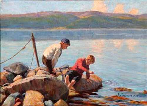 Two boys fishing crabs at a fiord in Norway (Три мальчика, ловящих крабов в норвежском фьорде), 1907