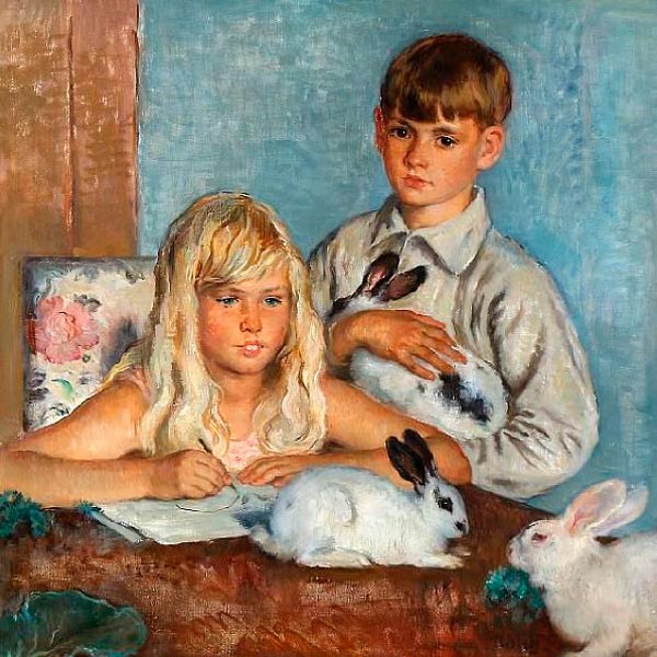 Two children with rabbits (Два ребёнка с кроликами), 1932