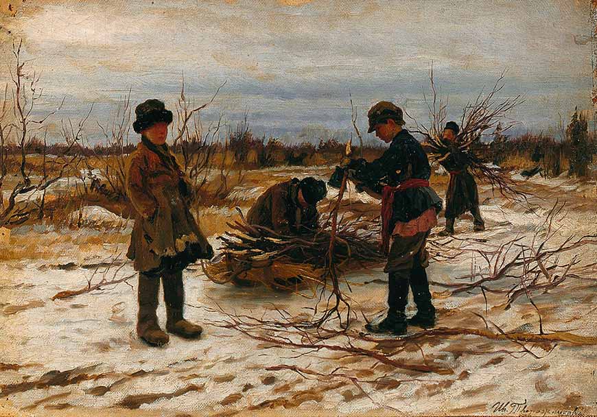 Дeти, coбиpaющиe xвopocт (Children collecting brushwood)