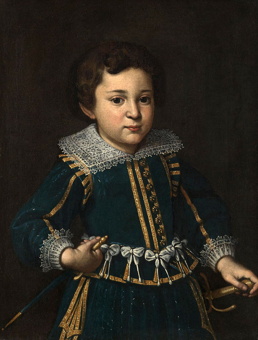 Portrait of a boy, half length, wearing a blue coat with a gold trim and a lace collar, and holding a sword and a dagger (Портрет мальчика, в половину роста, одетого в синий камзол с золотой отделкой и кружевным воротником, и держащего в руках меч и кинжал), XVII