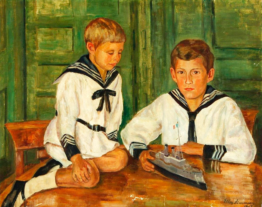 Portrait of two boys playing with a warship (Портрет двух мальчиков, играющих с корабликом), 1917