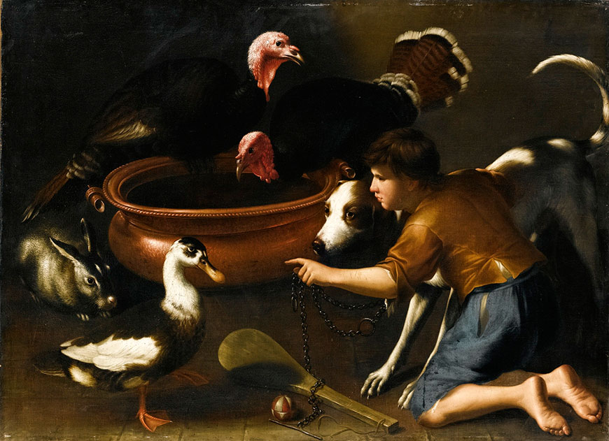 An interiors still-life scene with a boy playing with a dog, beside them a goose, a rabbit and two turkeys (Интерьерный натюрморт с мальчиком, играющим с собакой рядом с гусем, кроликом и двумя индейками), first half XVII