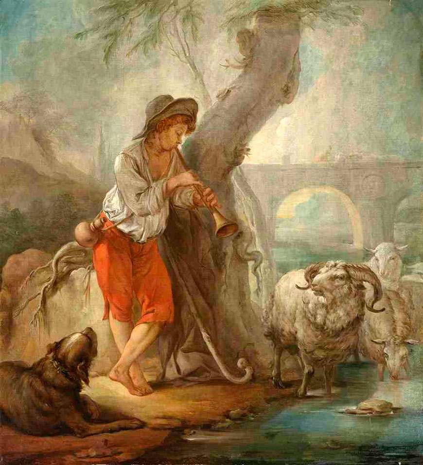 French School - A shepherd boy playing a musical instrument, with sheep and a dog by a stream, a herdsman crossing a bridge beyond (Подпасок, играющий на музыкальном инструменте, с овцами и собакой у ручья, и пастухом, переходящим мост позади), XVIII