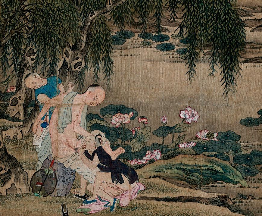 A man enjoying an erotic dalliance with two boys, seated on the bank of a pond with lilies, beneath a willow tree (Мужчина, наслаждающийся эротическим баловством с двумя мальчиками, сидит под ивой на берегу пруда с лилиями), 1880-1899