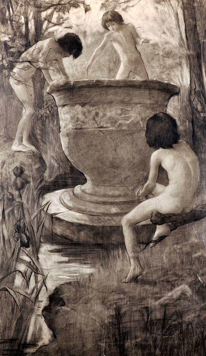 Naked Boys in a River Landscape, playing around a Classical Urn (Обнаженные мальчики в речном пейзаже, играющие около классического вазона), XIX