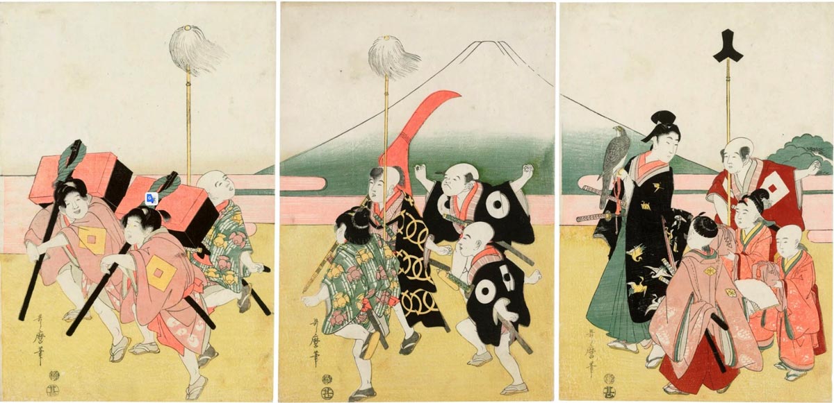 Boy's hawking party in front of Mount Fuji (Мальчики, охотящиеся с соколом, на фоне горы Фудзи), 1791-1805
