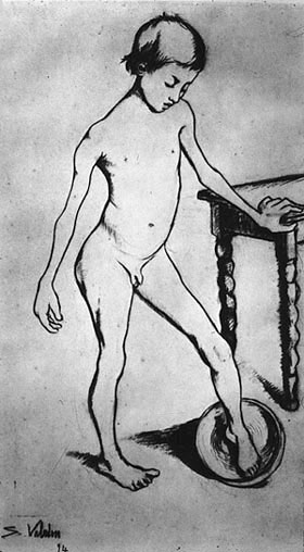 Maurice Utrillo enfant, nu, debout, jouant du pied avec une cuvette (Маленький Морис Утрилло, стоящий голым, играет ногой с миской), 1894