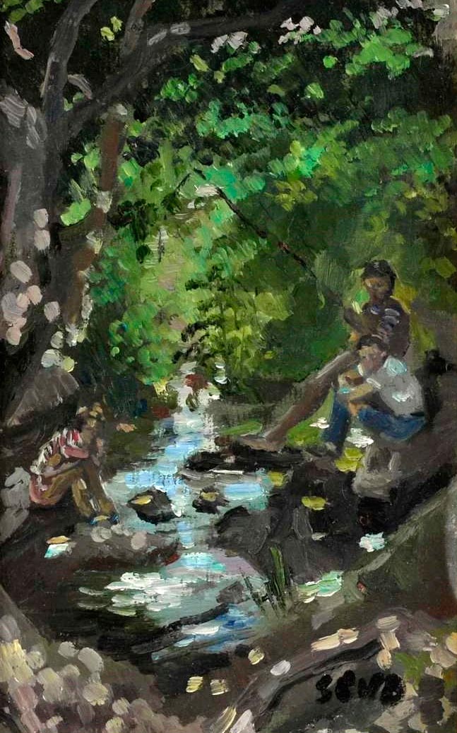 Three boys fishing in a woodland stream (Три мальчика, рыбачущих  в лесном ручье)