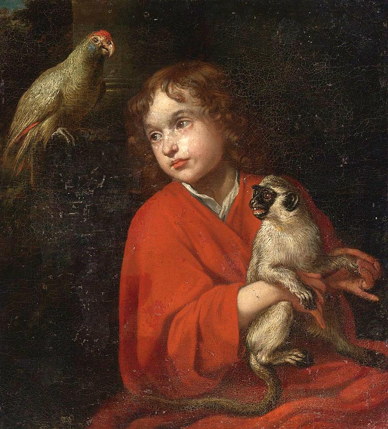 Parrot watching a Boy holding a Monkey (Попугай наблюдает за мальчиком, держащим обезьяну)