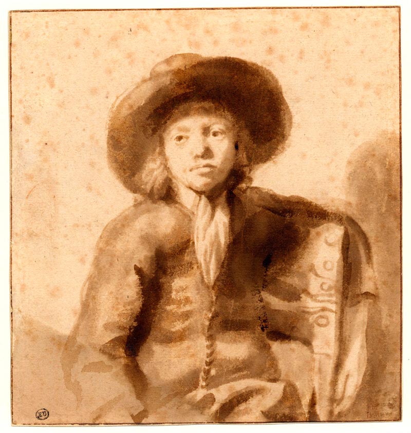 [A boy seated in a chair, half-length; with his left arm over the back of the chair, wearing a broad-brimmed hat, a jacket with a close row of buttons down the front and a white neck-cloth / Мальчик по пояс, сидящий на стуле; с левой рукой на спинке стула, в широкополой шляпе, пиджаке с узким рядом пуговиц спереди и в белом шейном платке], c.1655