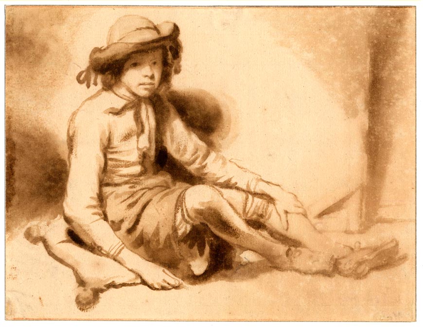 [A boy seated on the ground; wearing a broad-brimmed soft hat and seated on a cushion almost to right, his legs stretched out / Мальчик, сидящий на земле; в широкополой мягкой шляпе сидит на подушке справа, вытянув ноги], c.1655