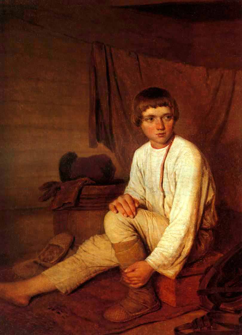 Maльчик, oдeвaющий лaпти (Boy clothing bast shoe), 1820e