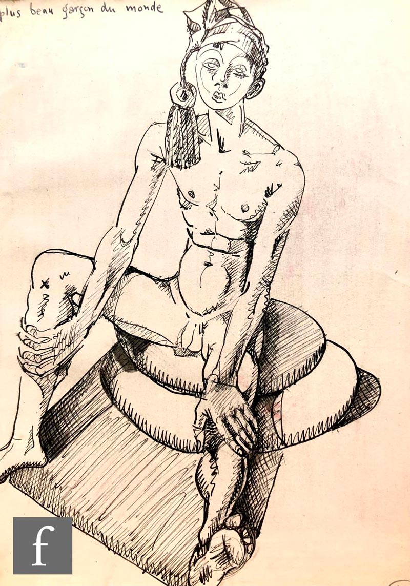 A study of a nude youth seated on a cushion wearing a night cap (Эскиз обнаженного юноши в ночном колпакее, сидящего на подушке.), 1930s