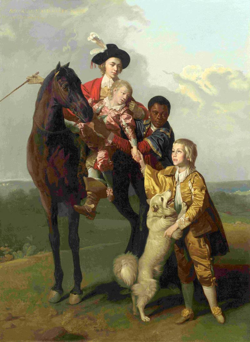 Brook and John Young on horseback with their brother Harry, their servant John Brook and a dog in parkland bears (Брук и Джон Янг верхом на лошадях со своим братом Гарри, слугой Джоном Бруком и собакой в ​​парке, где пасутся медведи), c.1770
