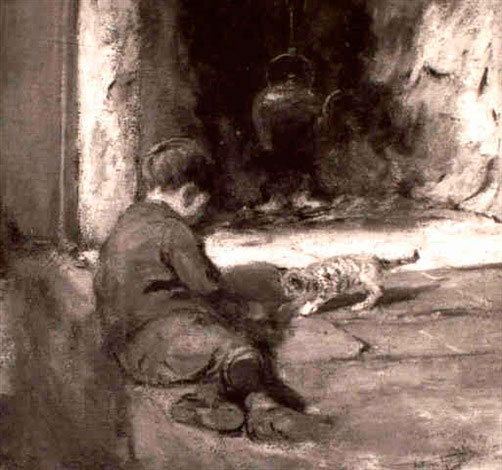 Boy playing with kitten (Мальчик, играющий с котёнком)