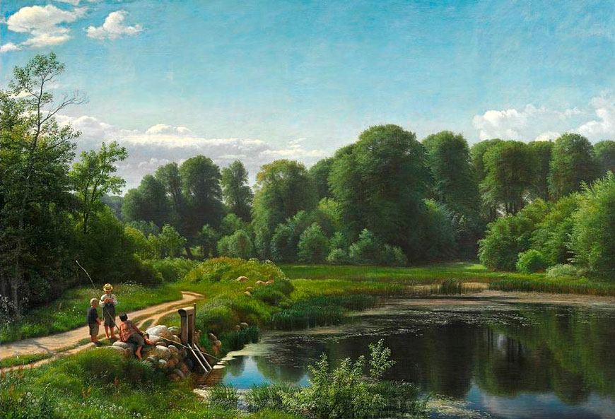 Sommerlandskab med tre drenge på fisketur (Летний пейзаж с тремя мальчиками на рыбалке), 1864