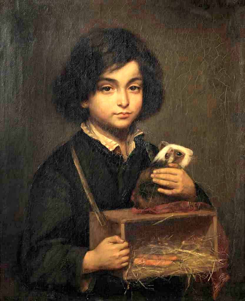 A boy with a guinea pig on it's cage (Мальчик с морской свинкой на её клетке)