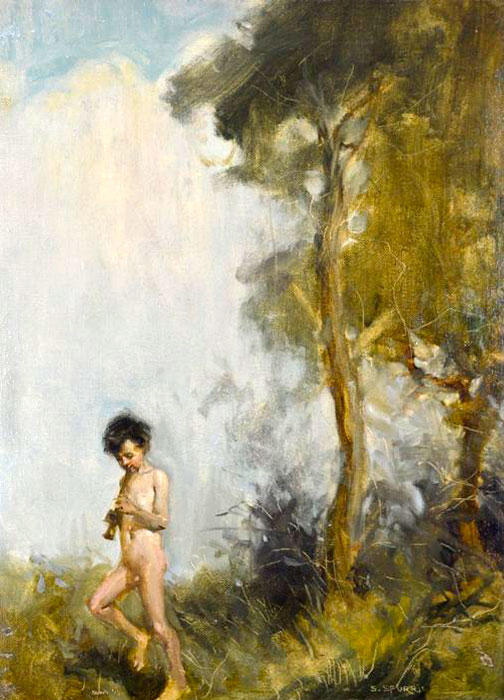 Naked boy with his flute in a landscape (Голый мальчик с флейтой в пейзаже)