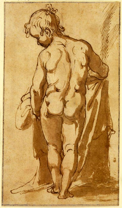 Standing boy nude from behind, holding a cloth (Стоящий мальчик со спины, обнаженный, держащий ткань)