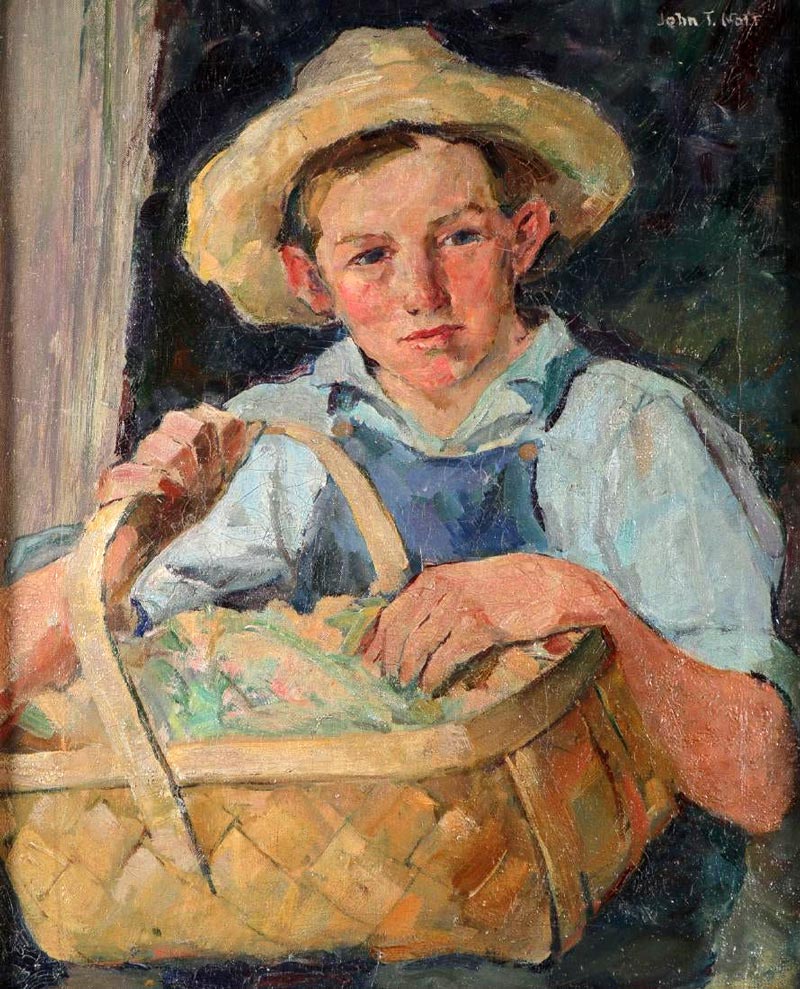 Farm Boy in a Straw Hat with Basket of Produce (Фермерский мальчик в соломенной шляпе с корзиной продуктов)