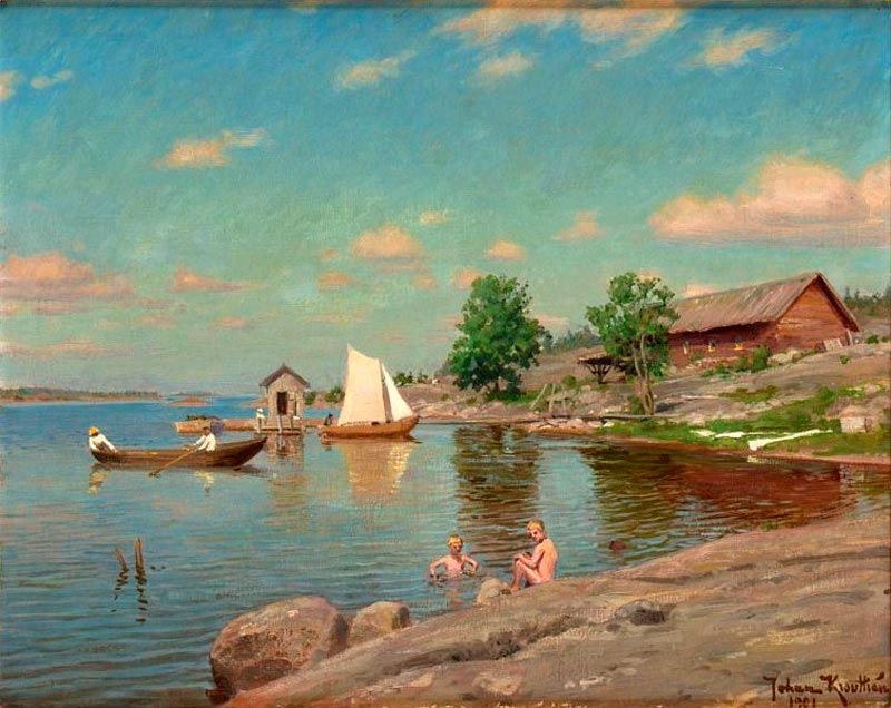 Skärgårdsmiljö med båtar och badande barn (Архипелаг с лодками и купающимися детьми), 1901