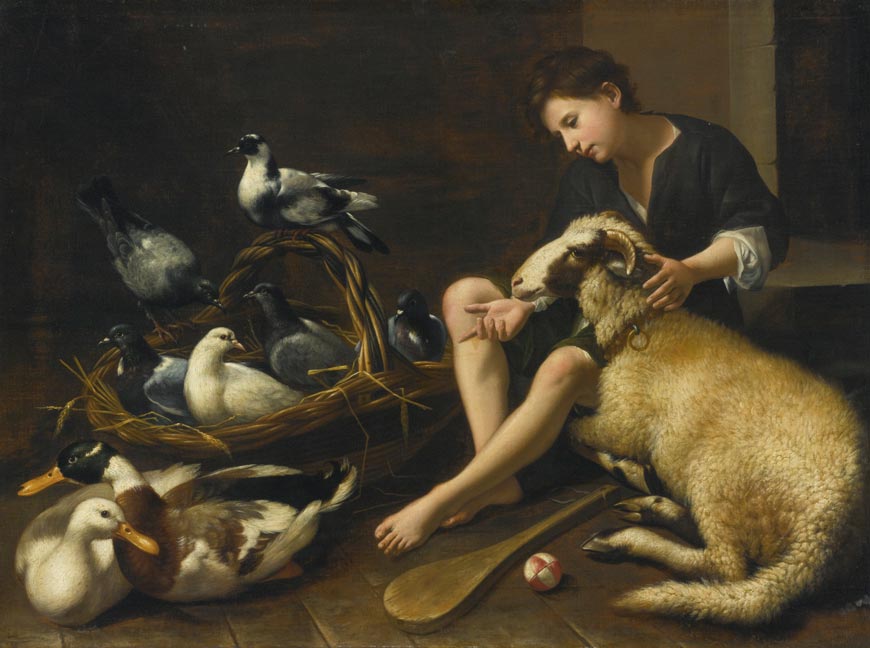 A Genre scene of a seated boy with bat and ball, a collared sheep, a basket of doves and pair of  ducks (Жанровая сцена сидящего мальчика с битой и мячом, овцой, корзиной голубей и парой уток)