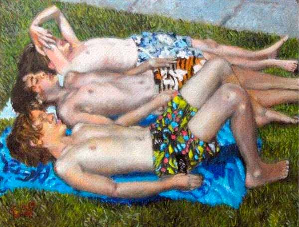 Niko, Peter and Mark lying on grass (Нико, Питер и Марк лежат на траве)