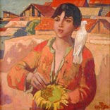 Boy with sunflower and dove